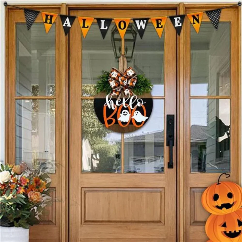 Halloween Ghost Door Sign - Cute Wood Wreath‎ for Front Door & Porch Decor